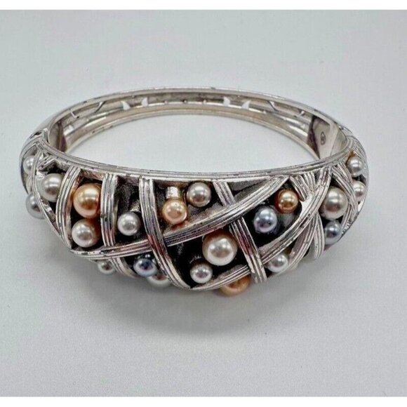 Brighton Bracelet Hinged Silver Tone Imitation Pearls Cuff Magnetic Closure - Picture 2 of 14
